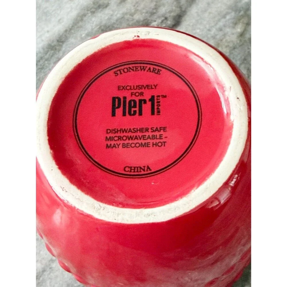 Pier 1 Imports Red Embossed Snowflake Mugs - Set of 2 Beaded Rim Stoneware